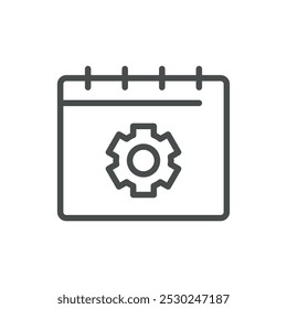 Ícone Calendário com Engrenagem de Configurações para Personalização de Eventos, Gerenciamento de Tempo e Configuração de Agendamento. Símbolo de vetor linear editável.