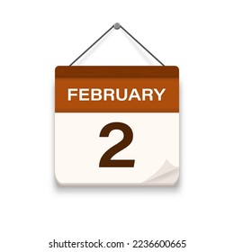 Calendar icon with shadow. February 2, Day, month. Meeting appointment time. Event schedule date. Flat vector illustration. 