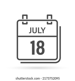 Calendar icon with shadow. July 18, Day, month. Flat vector illustration.
