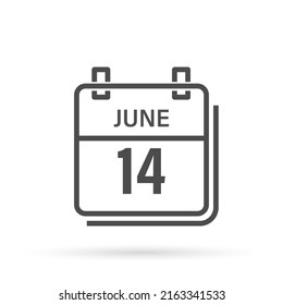 Calendar icon with shadow. June 14, Day, month. Flat vector illustration.