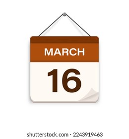 Icono de calendario con sombra. 16 de marzo, día, mes. Hora de cita de la reunión. Fecha de programación del evento. Ilustración vectorial plana. 