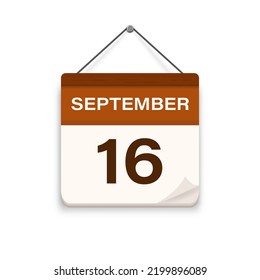 Calendar icon with shadow. September 16, Day, month. Meeting appointment time. Event schedule date. Flat vector illustration. 