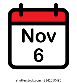 Calendar icon with sixth November, vector illustration