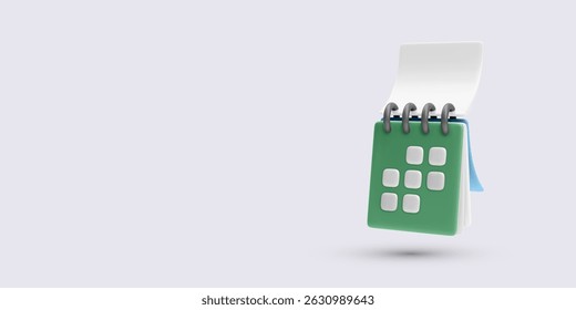 Calendar Icon. Spiral-Bound Green and White Desk Calendar with Stylized Date Grid. Minimal 3D Style for Business, Planner, Reminder or Schedule Apps. Vector Illustration