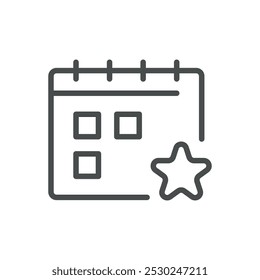 Calendar Icon with Star Symbol for Favorite Events, Priority Scheduling, and Special Occasion Planning. Editable Line Vector Calendar Design.