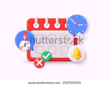 Calendar icon symbol with alert bell warning. Event schedule planner design. 3D Web Vector Illustrations.