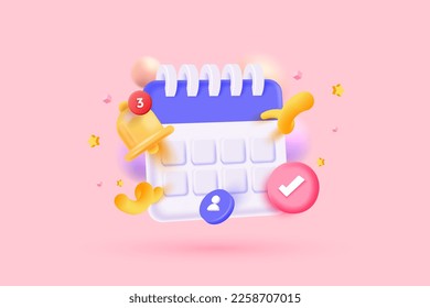 Calendar icon symbol and related icons in minimal cartoon style design. Day month year time concept. on purple background. Vector 3d illustration svg