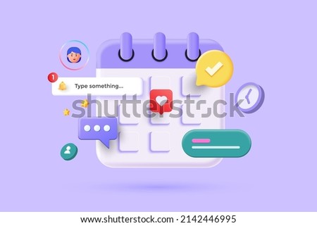 Calendar icon symbol and related icons in minimal cartoon style design. Day month year time concept. on purple background. Vector 3d illustration
