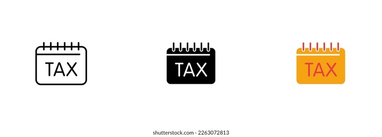 Calendar icon with tax. Bypassing taxation, rent, tax reduction. Vector set of icons in line, black and colorful styles isolated on white background.