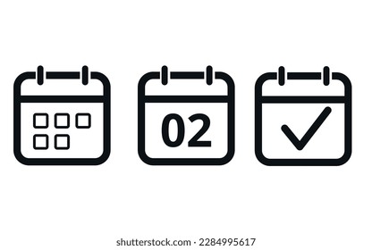 Calendar icon templates in gray color hollow out isolated on white background. Icon with checkmark sign. Calendar vector flat icon. Specific day calendar icon marking day 02.