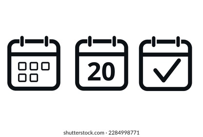 Calendar icon templates in gray color hollow out isolated on white background. Icon with checkmark sign. Calendar vector flat icon. Specific day calendar icon marking day 20.