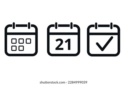 Calendar icon templates in gray color hollow out isolated on white background. Icon with checkmark sign. Calendar vector flat icon. Specific day calendar icon marking day 21.
