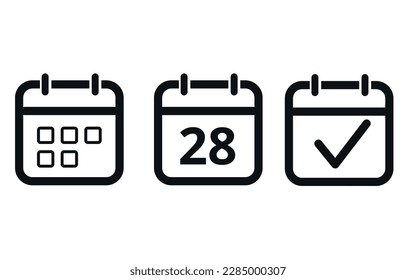 Calendar icon templates in gray color hollow out isolated on white background. Icon with checkmark sign. Calendar vector flat icon. Specific day calendar icon marking day 28.