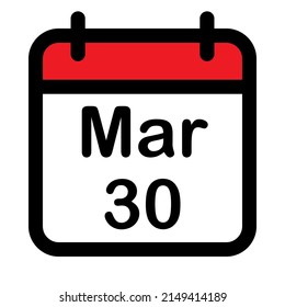 Calendar icon with thirtieth march, vector illustration