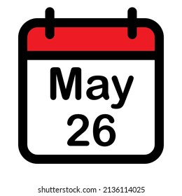 Calendar icon with twenty sixth may, vector illustration