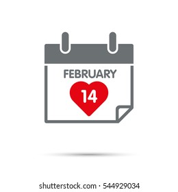 Calendar icon for Valentines Day. Red heart and date of 14th February on calendar sheet.