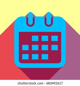 Calendar icon. Vector. Deep sky blue icon with two flat violet and raspberry semitransparent shadows on canary background.