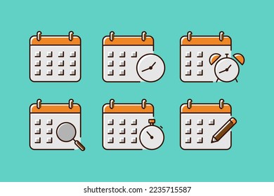 Calendar icon vector design collection, calendar, alarm clock, clock, magnifying glass, pen, looking for schedule