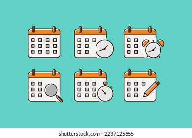 Calendar icon vector design collection, calendar, alarm clock, clock, magnifying glass, pen, looking for schedule