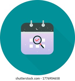 Ilustración vectorial de icono de calendario. Diseño plano. Calendario vectorial en la ilustración de icono de círculo con sombra larga. Símbolo vectorial de diseño gráfico de icono de calendario. Marcar la fecha, vacaciones, día importante.