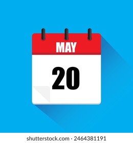 Calendar icon vector. Red May header. Date twenty detail. Blue background shadow.
