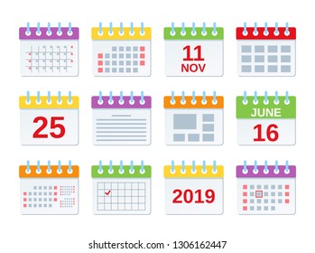 Calendar icon. Vector. Set of annual date appointments, year events template in flat design. Calendar organizer symbols isolated on white background. Color illustration. Computer graphic.