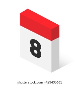 Calendar icon vector. Simple isometric calendar icon with date 8.