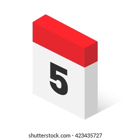 Calendar icon vector. Simple isometric calendar icon with date 5.