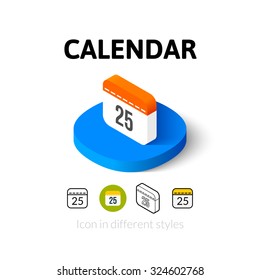 Calendar icon, vector symbol in flat, outline and isometric style