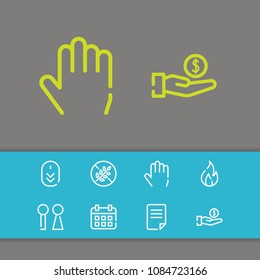 Calendar icon with wc, scroll down, hand symbols. Set of agenda, blaze, palm icons and file concept. Editable vector elements for logo app UI design.
