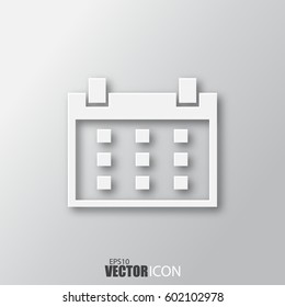 Calendar icon in white style with shadow isolated on grey background. For your design, logo. Vector illustration.