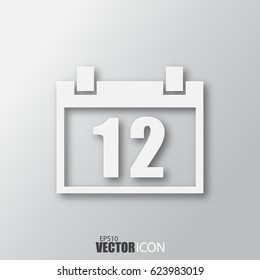 Calendar icon in white style with shadow isolated on grey background. For your design, logo. Vector illustration.