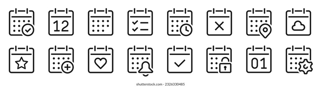 Sammlung von Kalendersymbolen Einfache Kalender mit Uhr, Fortschrittsbalken, Kartenpunkt, Erinnerung, Sicherheit. Linienstil - Stock-Vektorgrafik.