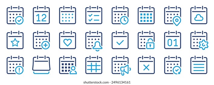 Conjunto de colección de iconos de calendario. Calendario simple con reloj, barra de progreso, punto de mapa, recordatorio, seguridad. Estilo de línea de programación - Vector de stock.