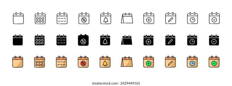Calendar icons collection. Calendar symbols. Linear, silhouette and flat style. Vector icons