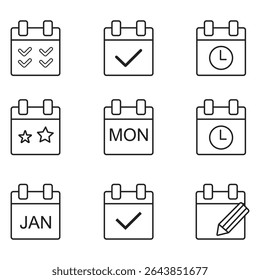 Calendar Icons collection - vector. Calendar symbols isolated. Line style Icon. Flat icon. Editable stroke. Vector Icon