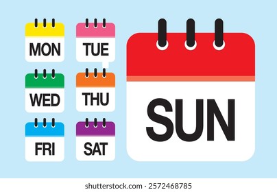 Calendar icons with days of the week and daily colors of the day. monday is yellow , tuesday is pink, wednesday is green, thursday is orange, friday is sky blue, saturday is purple and sunday is red.