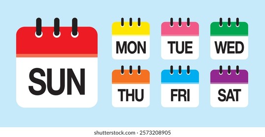 Calendar icons with days of the week and daily colors of the day. monday is yellow , tuesday is pink, wednesday is green, thursday is orange, friday is sky blue, saturday is purple and sunday is red.