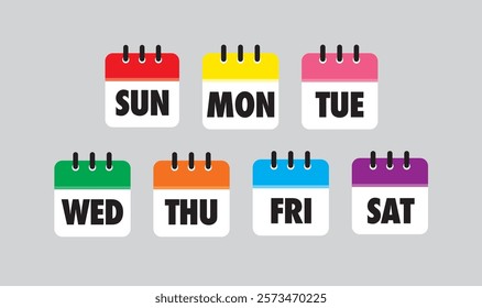 Calendar icons with days of the week and daily colors of the day. monday is yellow , tuesday is pink, wednesday is green, thursday is orange, friday is sky blue, saturday is purple and sunday is red.