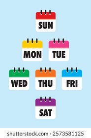 Calendar icons with days of the week and daily colors of the day. monday is yellow , tuesday is pink, wednesday is green, thursday is orange, friday is sky blue, saturday is purple and sunday is red.