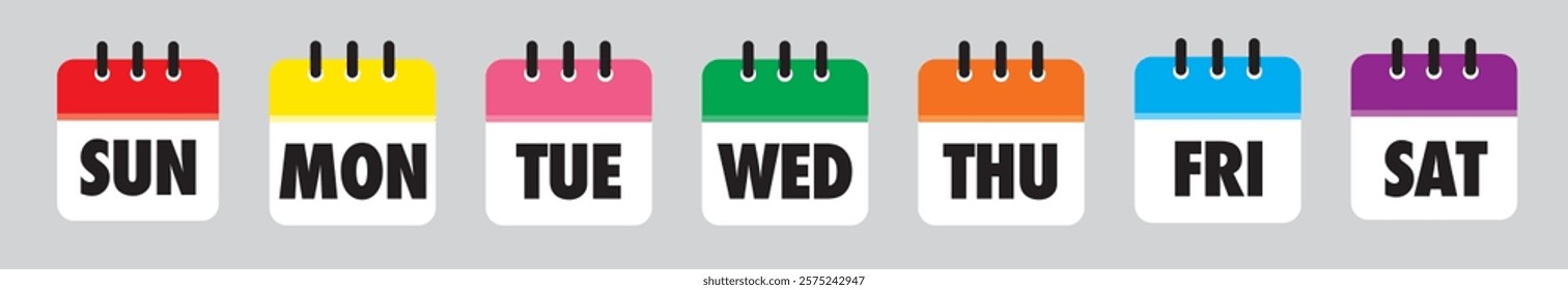 Calendar icons with days of the week and daily colors of the day. monday is yellow , tuesday is pink, wednesday is green, thursday is orange, friday is sky blue, saturday is purple and sunday is red.