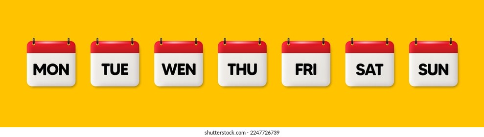 Calendar icons with days of the week. Working days as Monday, Tuesday and Wednesday, Thursday or Friday. Event schedule date. Calendar weekend as Saturday, Sunday. Date reminder tags. Vector