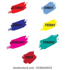 Calendar icons with days of the week. Working days as Monday, Tuesday and Wednesday, Thursday or Friday. Event schedule date. Calendar weekend as Saturday, Sunday. Date reminder tags. Vector format