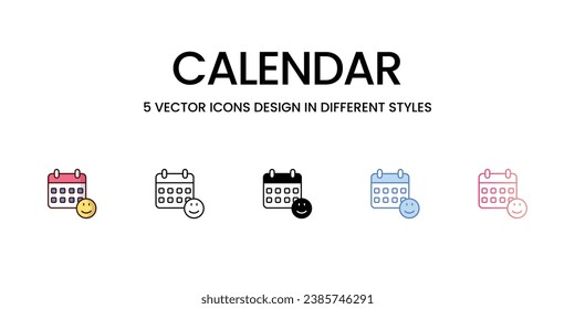 Calendar Icons Design in Five style with Editable Stroke. Line, Solid, Flat Line, Duo Tone Color, and Color Gradient Line. Suitable for Web Page, Mobile App, UI, UX and GUI design