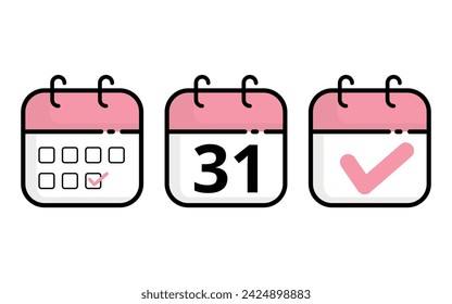 Calendar icons of different models in pink color, Vector illustration of flat calendar icon with specific day marked, day 31.