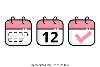 Calendar icons of different models in pink color, Vector illustration of flat calendar icon with specific day marked, day 12.