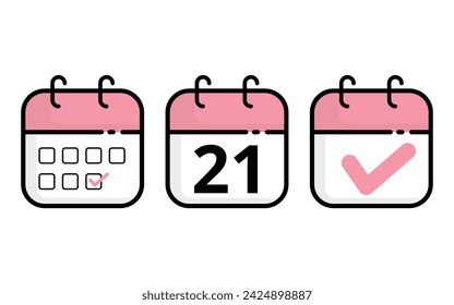 Calendar icons of different models in pink color, Vector illustration of flat calendar icon with specific day marked, day 21.