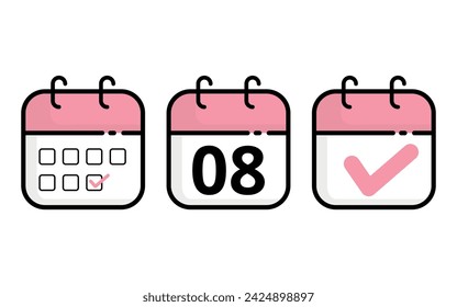 Calendar icons of different models in pink color, Vector illustration of flat calendar icon with specific day marked, day 08.