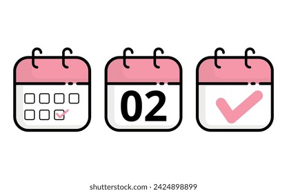 Calendar icons of different models in pink color, Vector illustration of flat calendar icon with specific day marked, day 02.