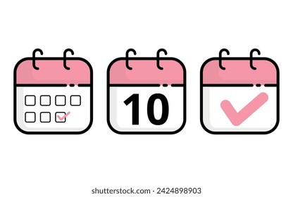 Calendar icons of different models in pink color, Vector illustration of flat calendar icon with specific day marked, day 10.